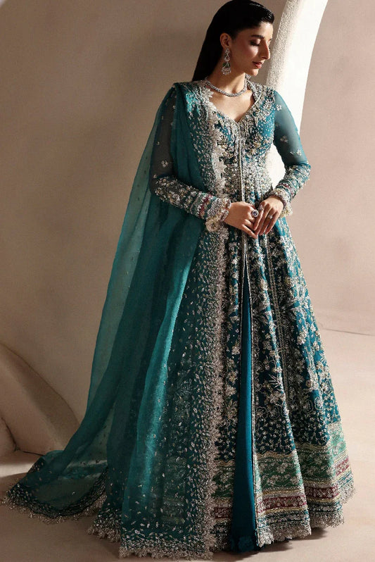 Zinc Blue-Green Hand Embellished Raw Silk Bridal Maxi / Lehenga Choli