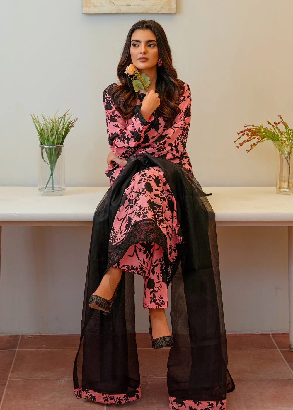 Pink Cotton Long Kurta Set with Dupatta