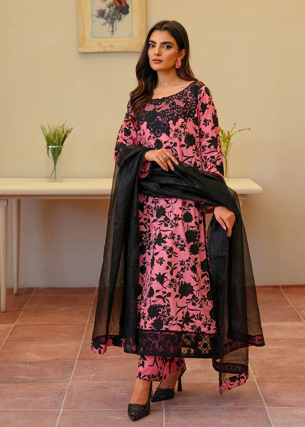 Pink Cotton Long Kurta Set with Dupatta