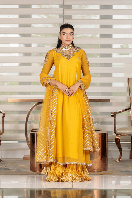 Mustard Handmade Pure Crinkle Chiffon Sharara