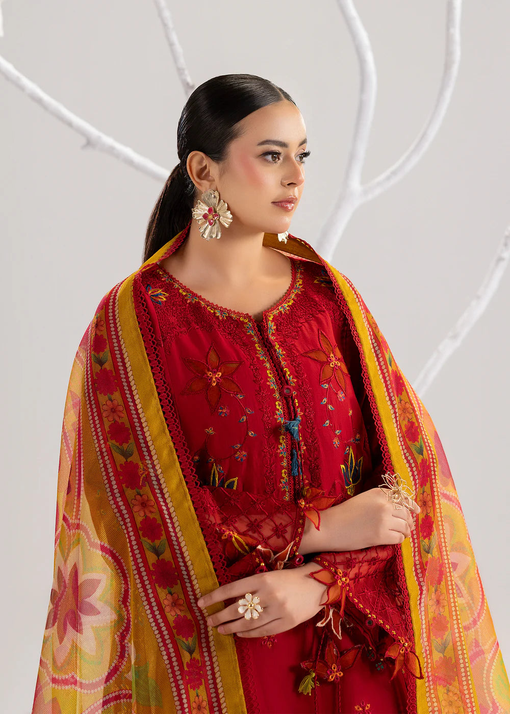 Red Lawn Cotton Suit with Khadi Net Dupatta