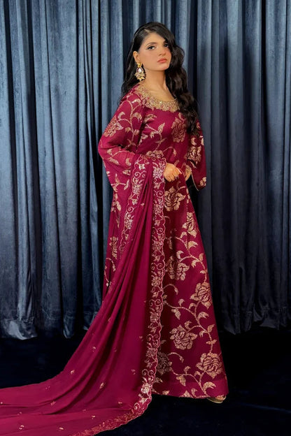 Maroon Chiffon Sequins Embroidered Partywear Suit with Hand Embellished Neckline