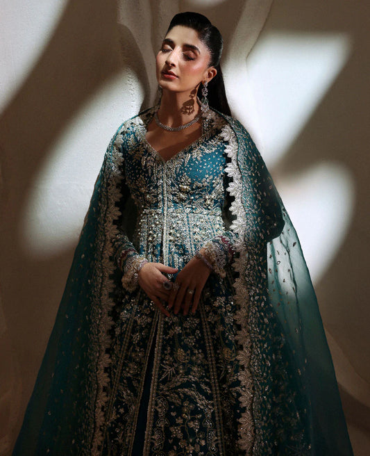 Zinc Blue-Green Hand Embellished Raw Silk Bridal Maxi / Lehenga Choli
