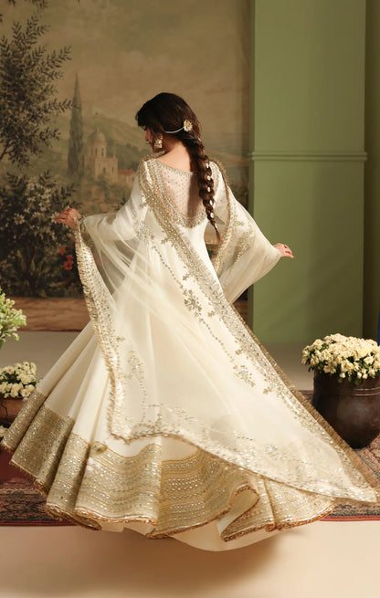 Ivory Raw Silk Anarkali Maxi with Panni Work