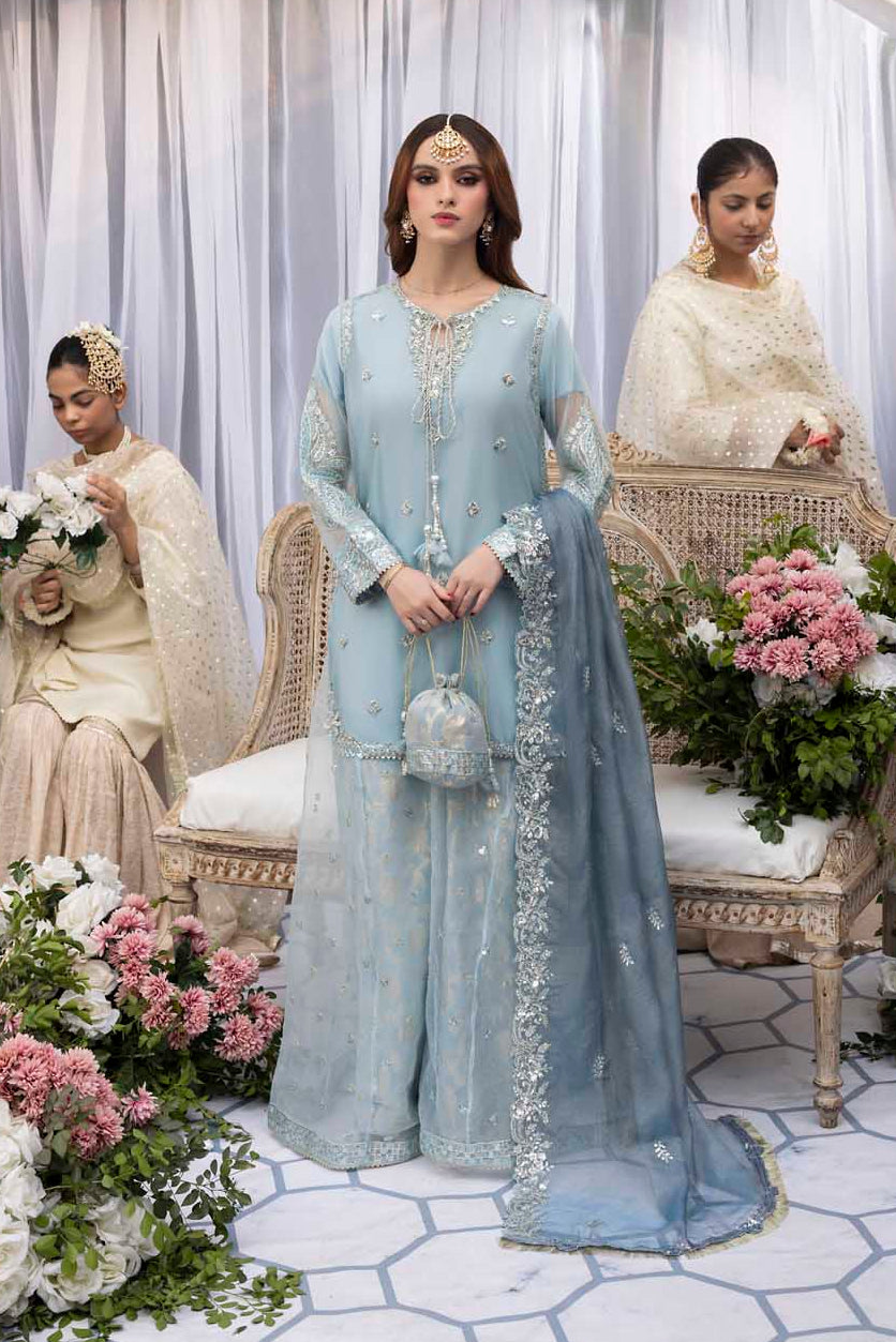 Baby Blue Embellished Organza Sharara