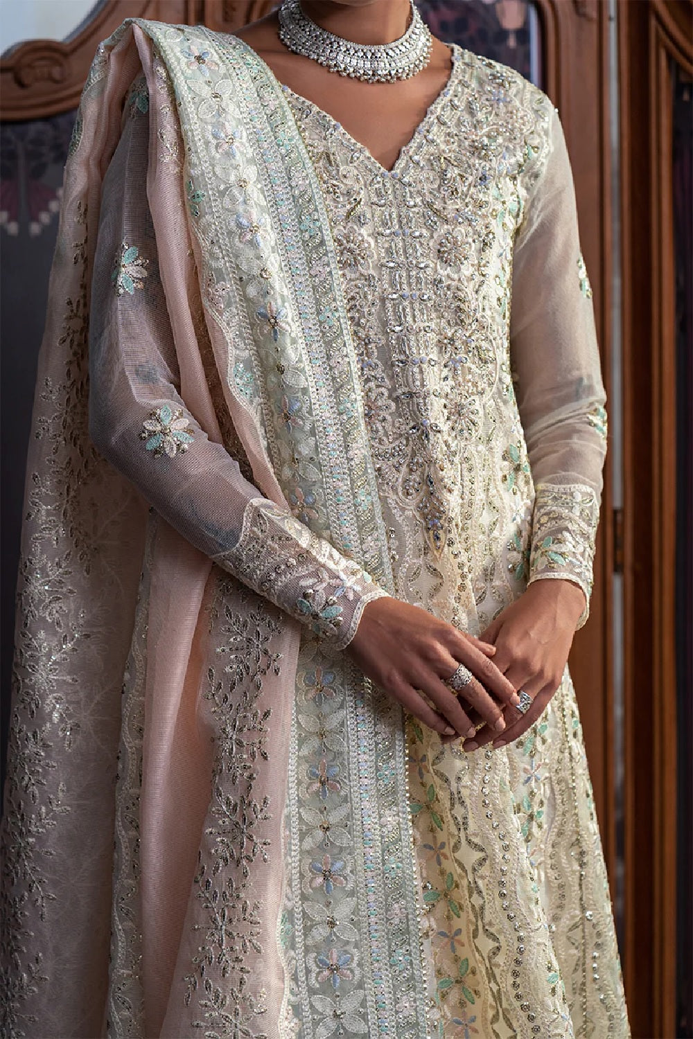 Hand Embellished Cotton Net Suit