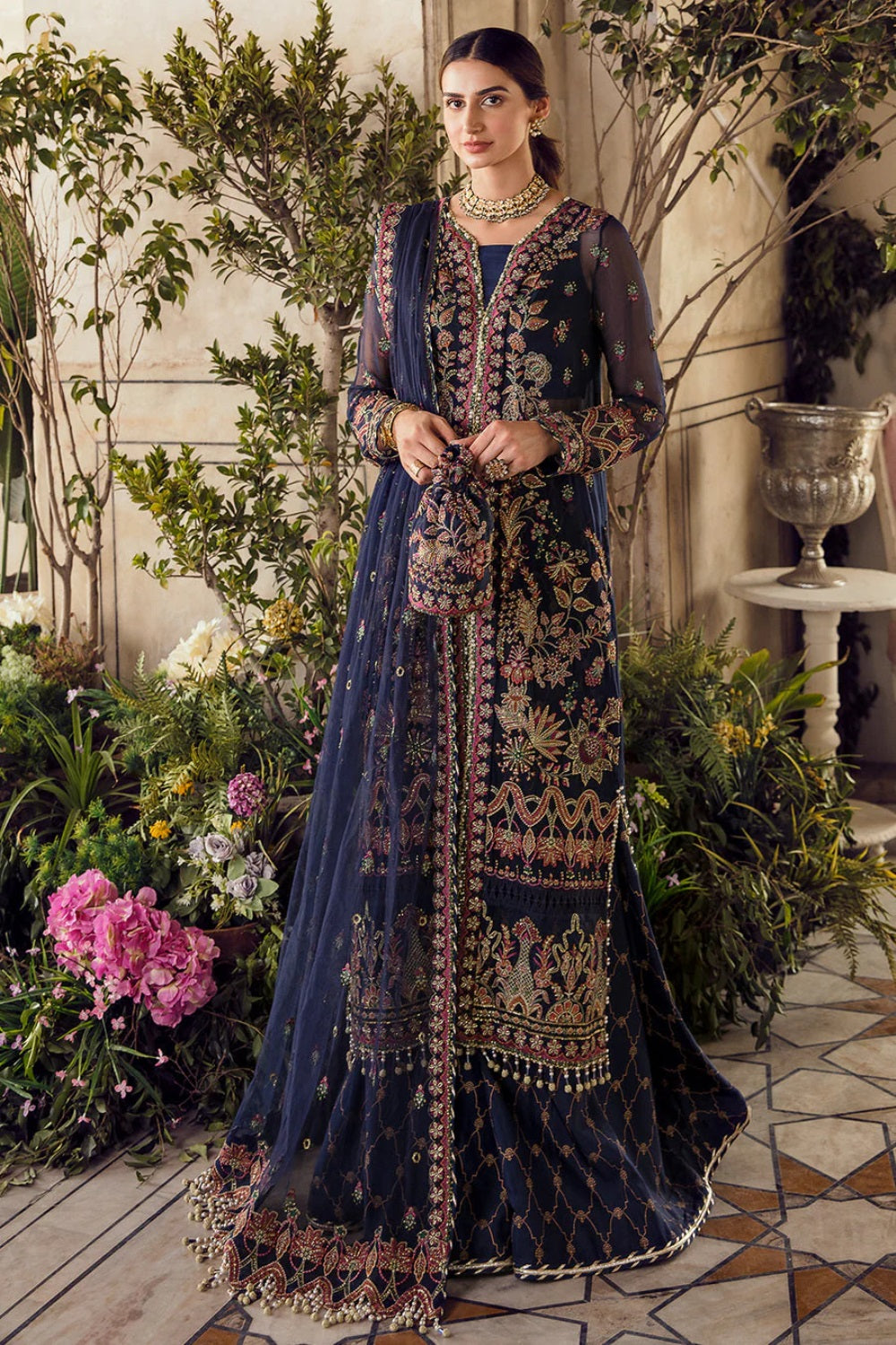 Navy Blue Embroidered Chiffon Suit