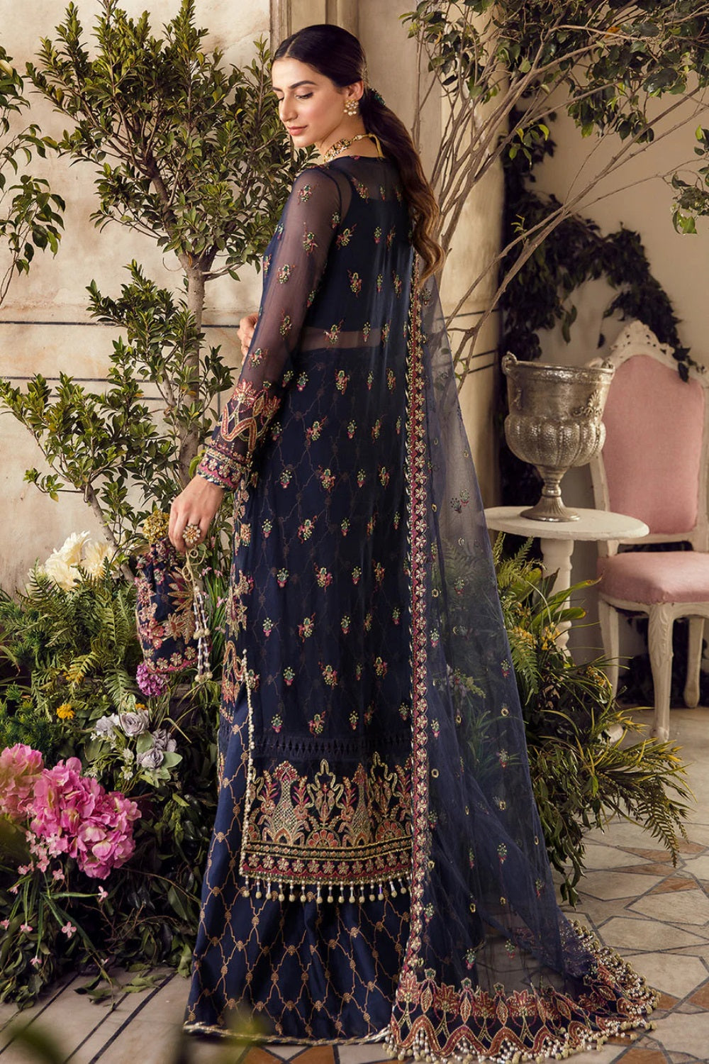 Navy Blue Embroidered Chiffon Suit