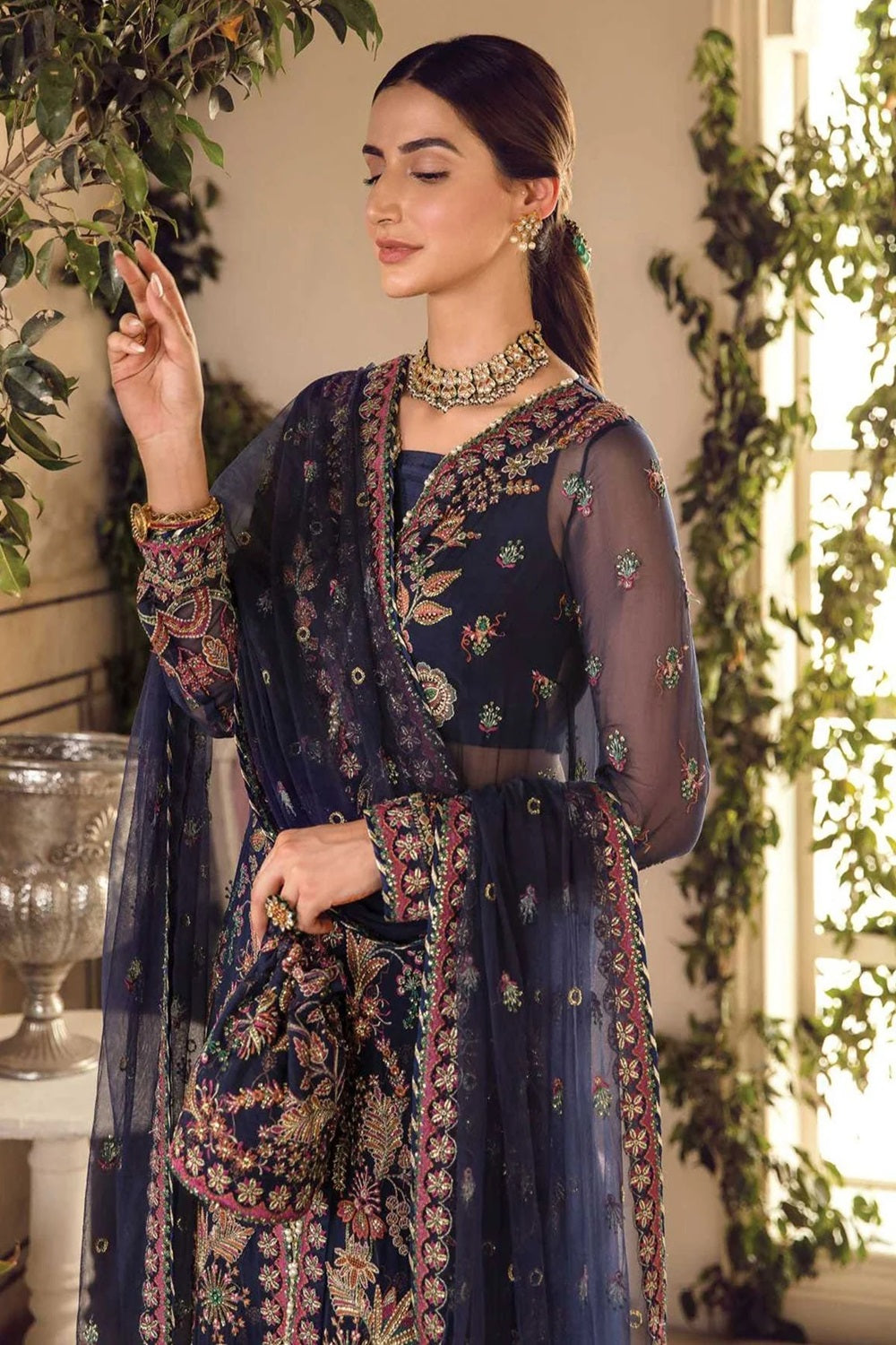 Navy Blue Embroidered Chiffon Suit