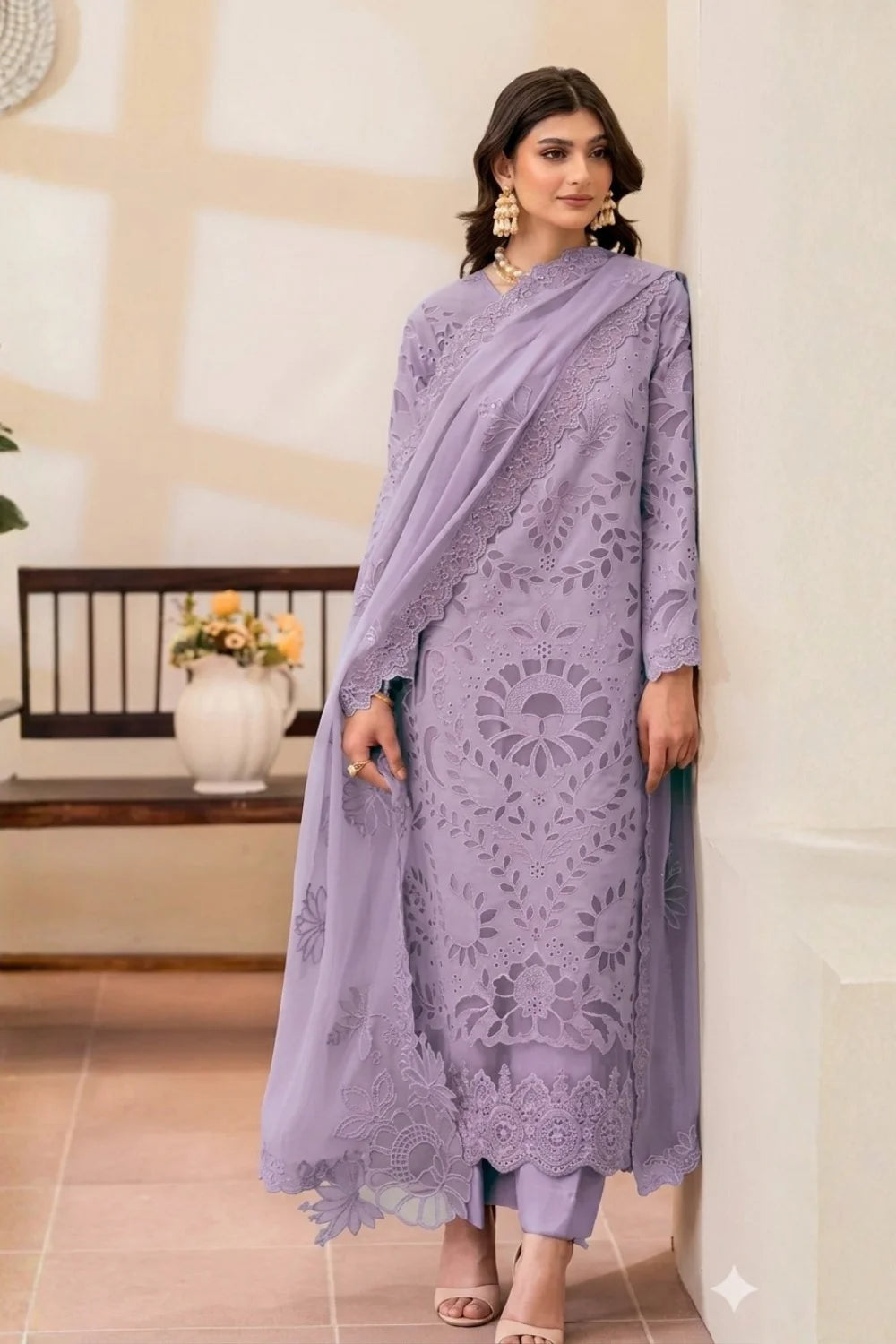 Purple Chikankari Embroidered Pure Lawn Suit with Laser Cutwork