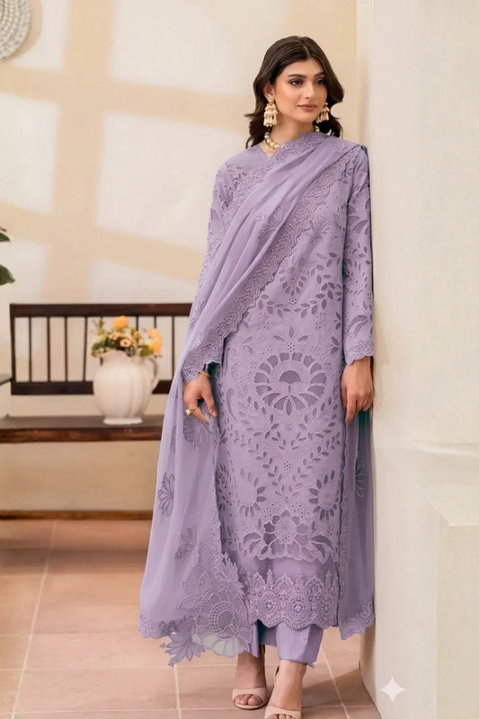Purple Chikankari Embroidered Pure Lawn Suit with Laser Cutwork
