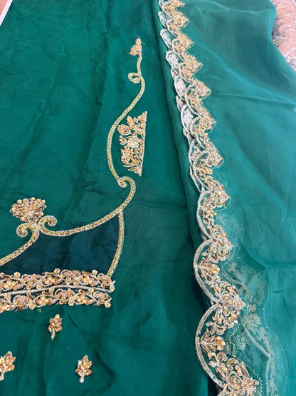 Emerald Green Hand Embellished Elegant Raw Silk Couture