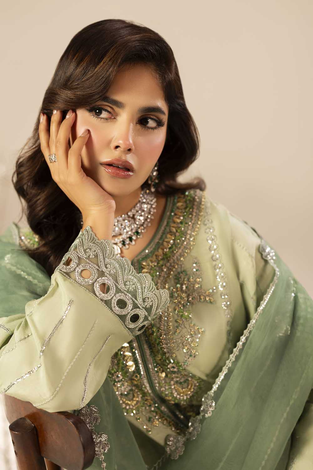 Mint Green Hand Embellished & Embroidered Raw Silk Suit with Potil