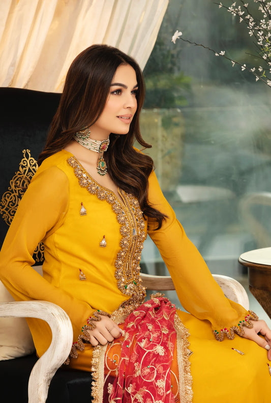 Mustard Mandmade Pure Chiffon Suit