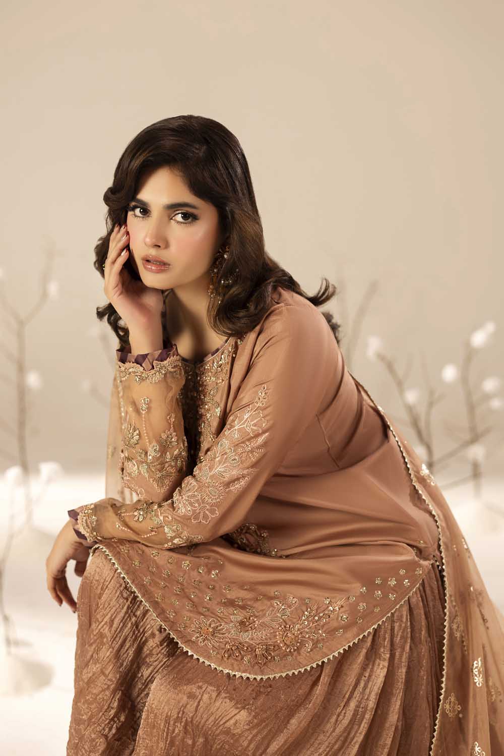 Tea Rose Pink Hand Embellished Suit with Crushed Silk Sharara