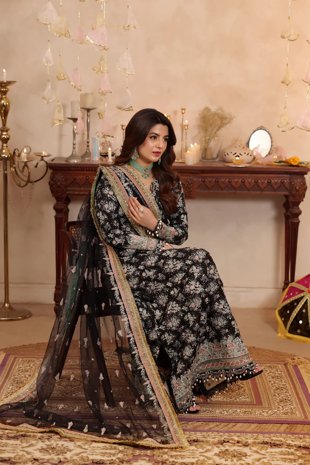 Black Sequins Embroidered Raw Silk Partywear Suit