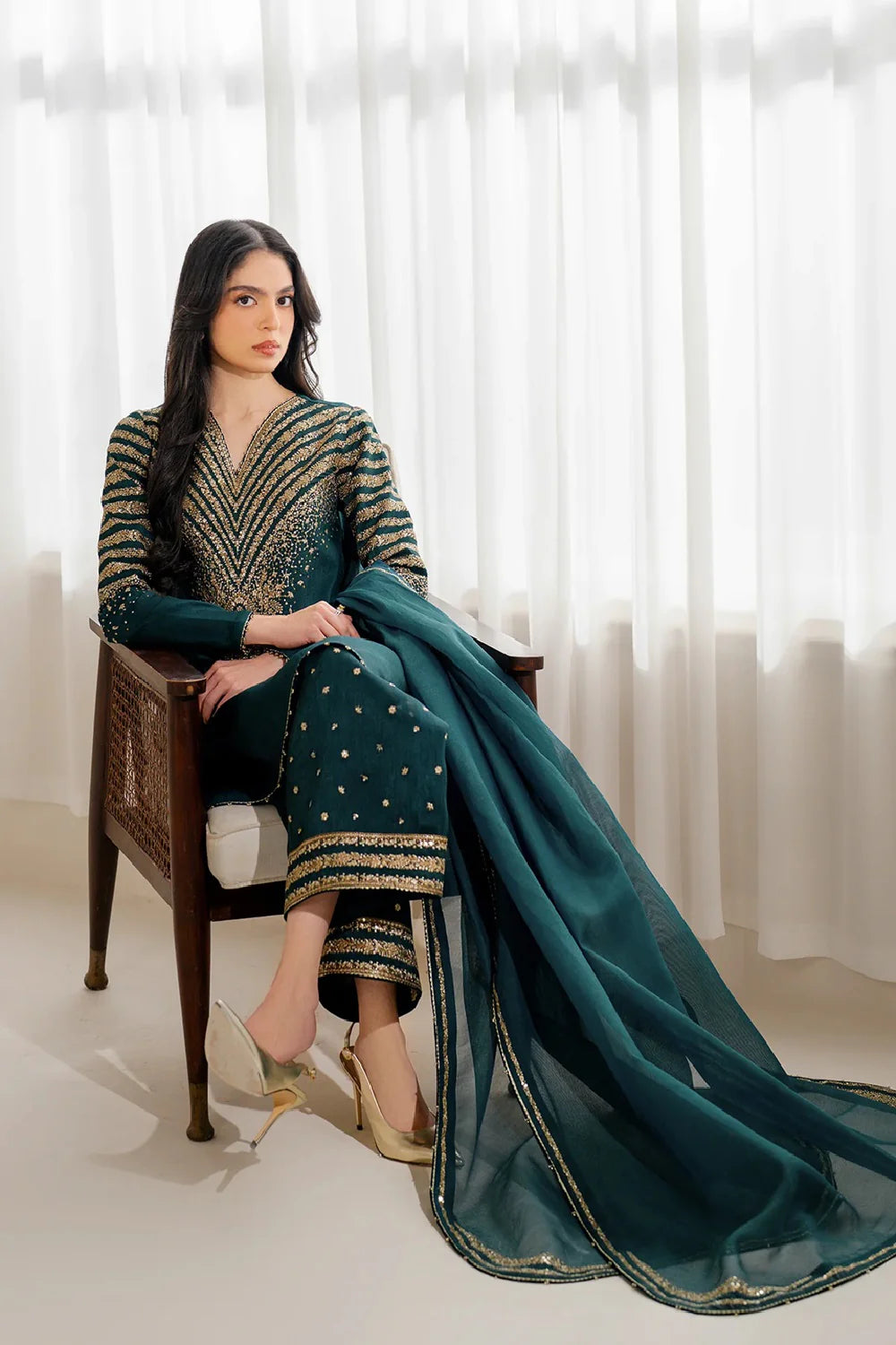 Bottle Green Sequins Embroidered Indian Raw Silk Suit