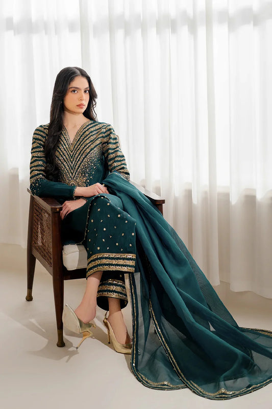 Bottle Green Sequins Embroidered Indian Raw Silk Suit