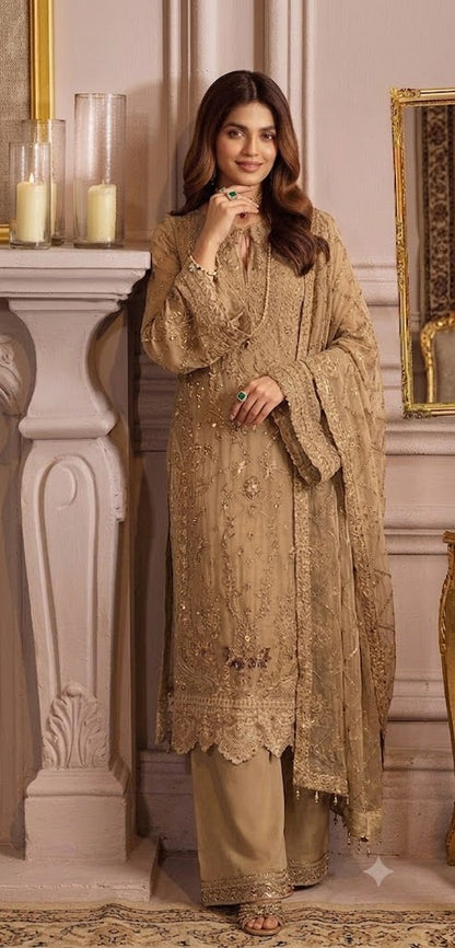 Golden Hand Embellished Net Partywear Suit