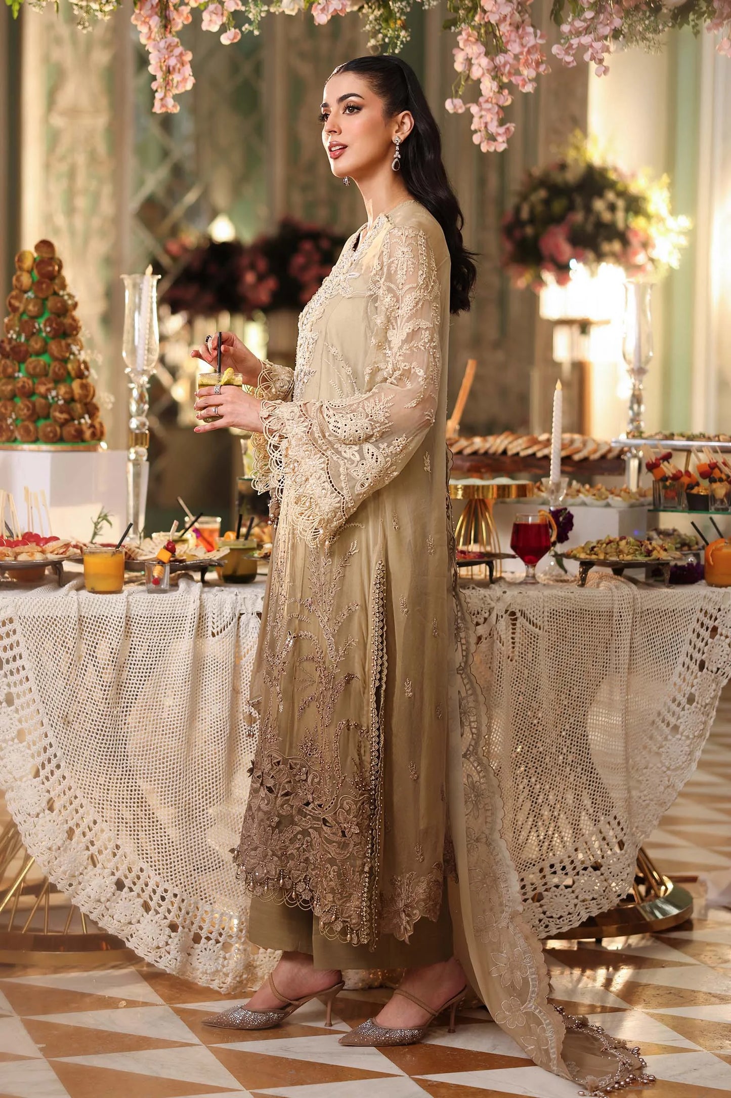 Brown Tie-Dye Embellished Chiffon Suit with Chikankari, 3D Flowers & Pearl Details