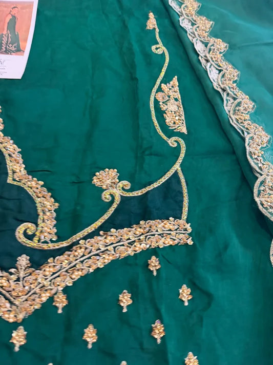 Emerald Green Hand Embellished Elegant Raw Silk Couture