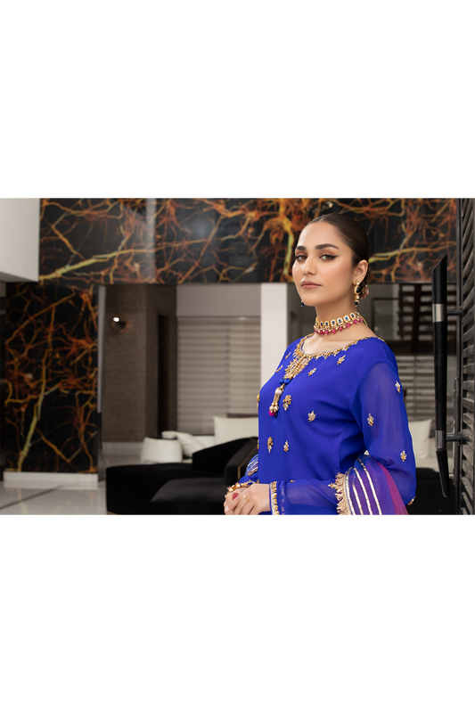 Blue Pure Chiffon Handmade Sharara