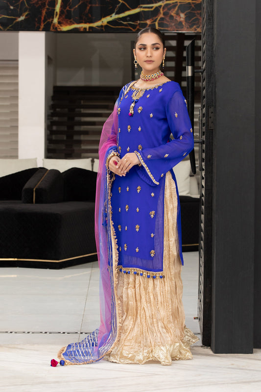 Blue Pure Chiffon Handmade Sharara