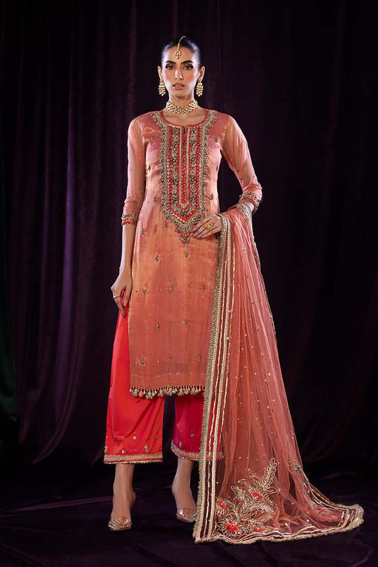 Peach Hand Embroidered Pure Maysuri Suit