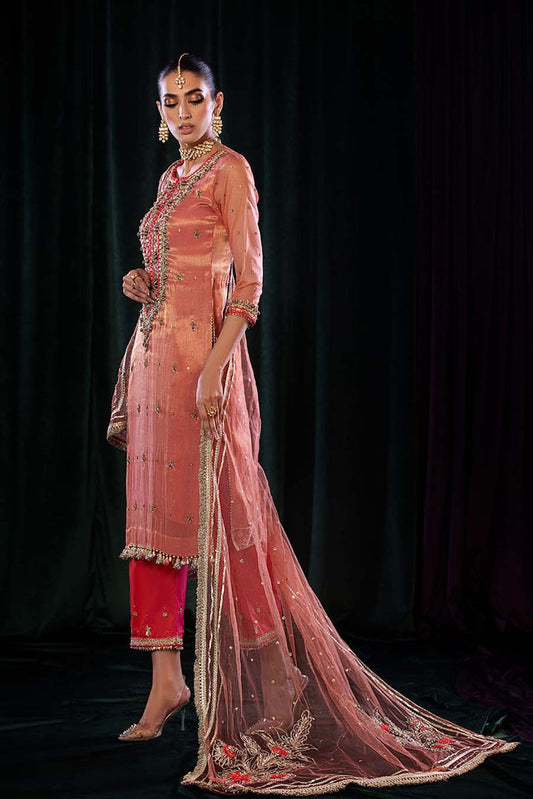 Peach Hand Embroidered Pure Maysuri Suit
