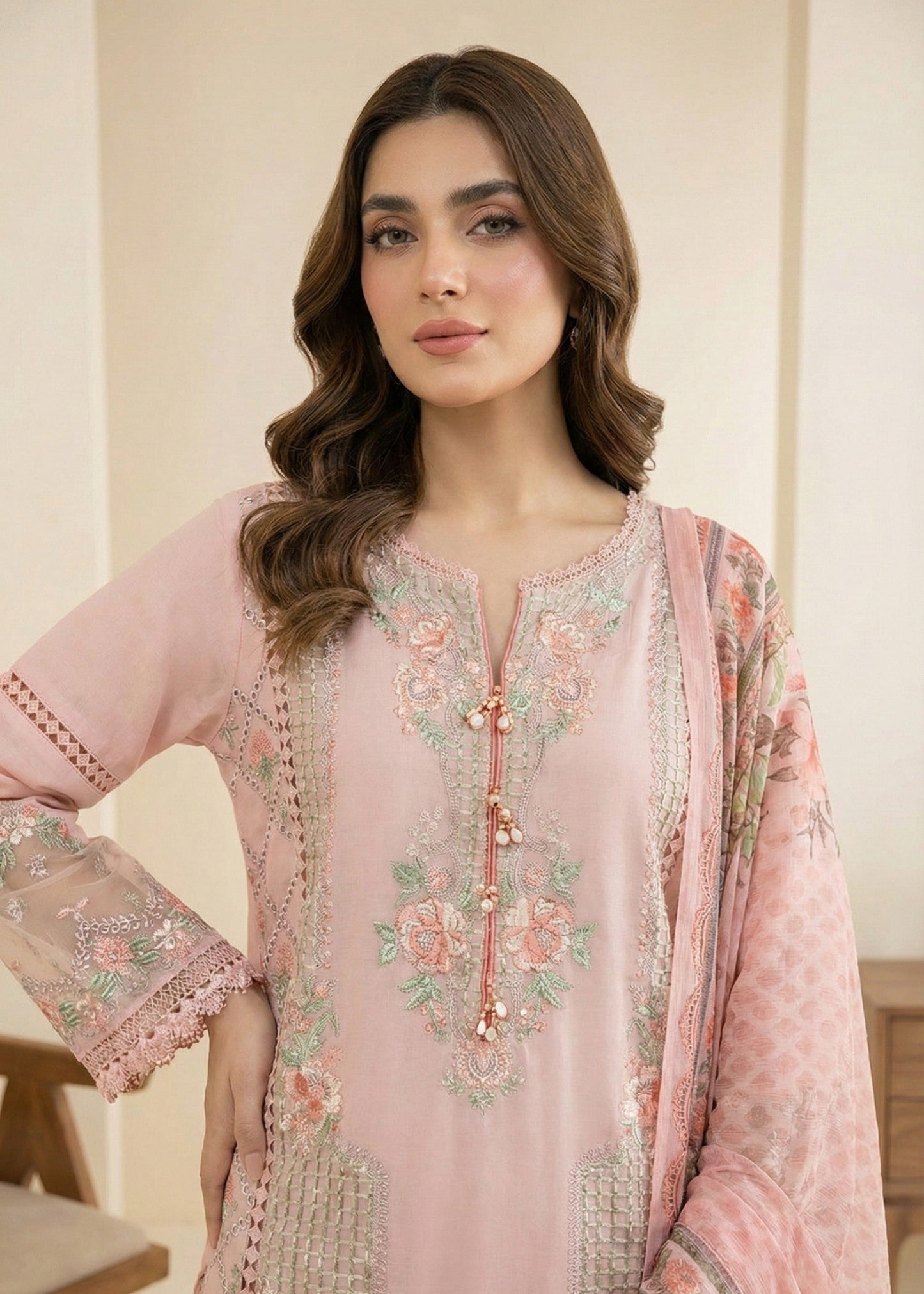 Pale Pink Embroidered Lawn Straight Kurta Suit Online in Sri Lanka India Australia