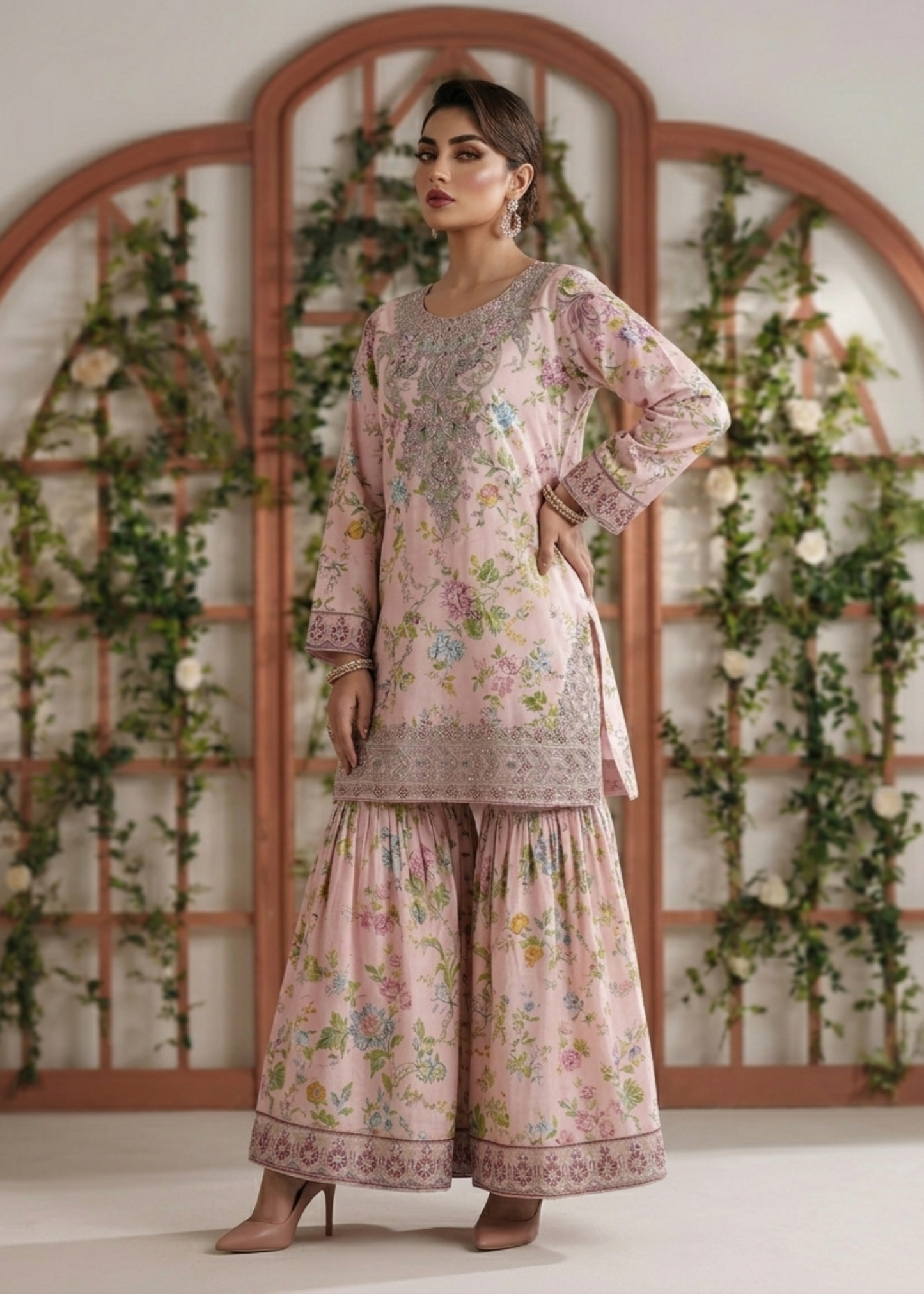Pale Pink Lawn 3 Piece Gharara Online in Dubai DXB UAE Abudhabi Meena Bazaar