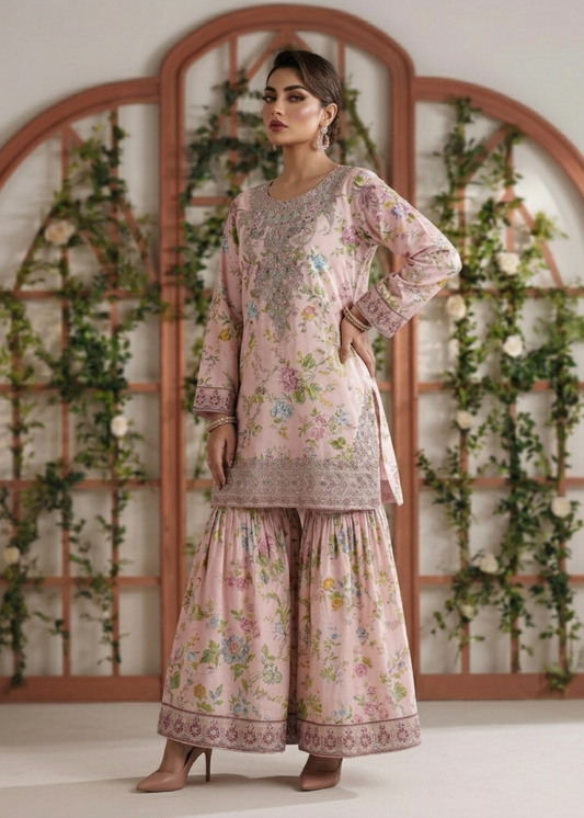 Pale Pink Lawn 3 Piece Gharara Online in Dubai DXB UAE Abudhabi Meena Bazaar