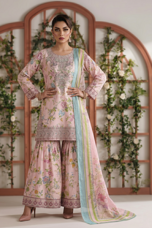 Pale Pink Lawn Flared Gharara Suit Online in Dubai UAE Abudhabi Ajman Sharjah