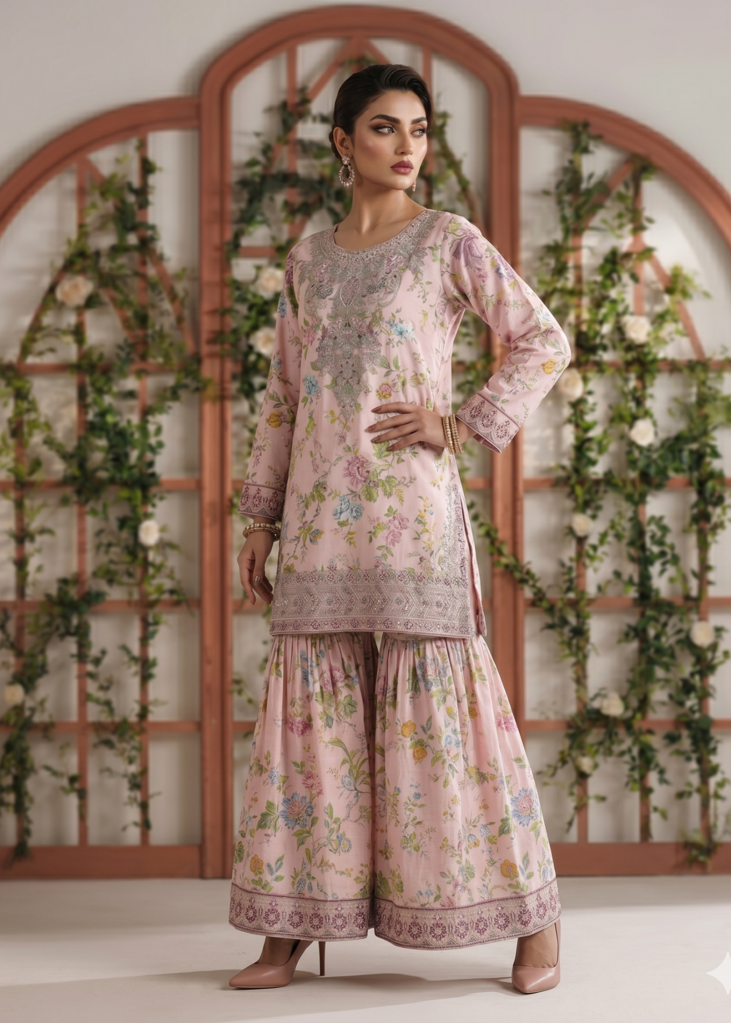 Pale Pink Lawn Flared Gharara Suit Online in Dubai UAE Abudhabi Ajman Sharjah