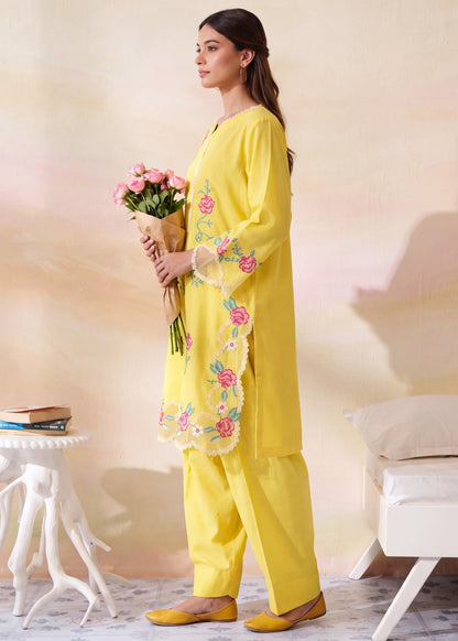 Pale Yellow Embroidered Dhanak Kurta Set Online in Dubai DXB UAE Abudhabi Meena Bazaar