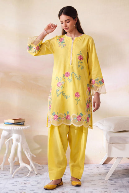 Pale Yellow Embroidered Dhanak Kurta Set Online in Dubai UAE Abudhabi Ajman Sharjah