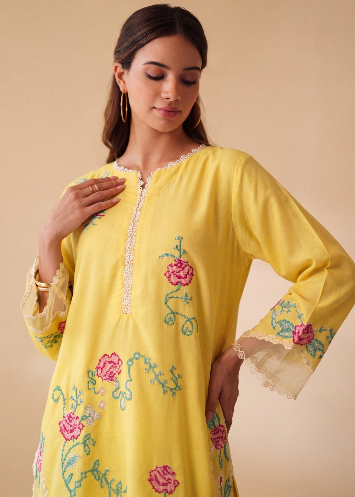 Pale Yellow Embroidered Short Kurta with Trouser Online in UK USA Canada