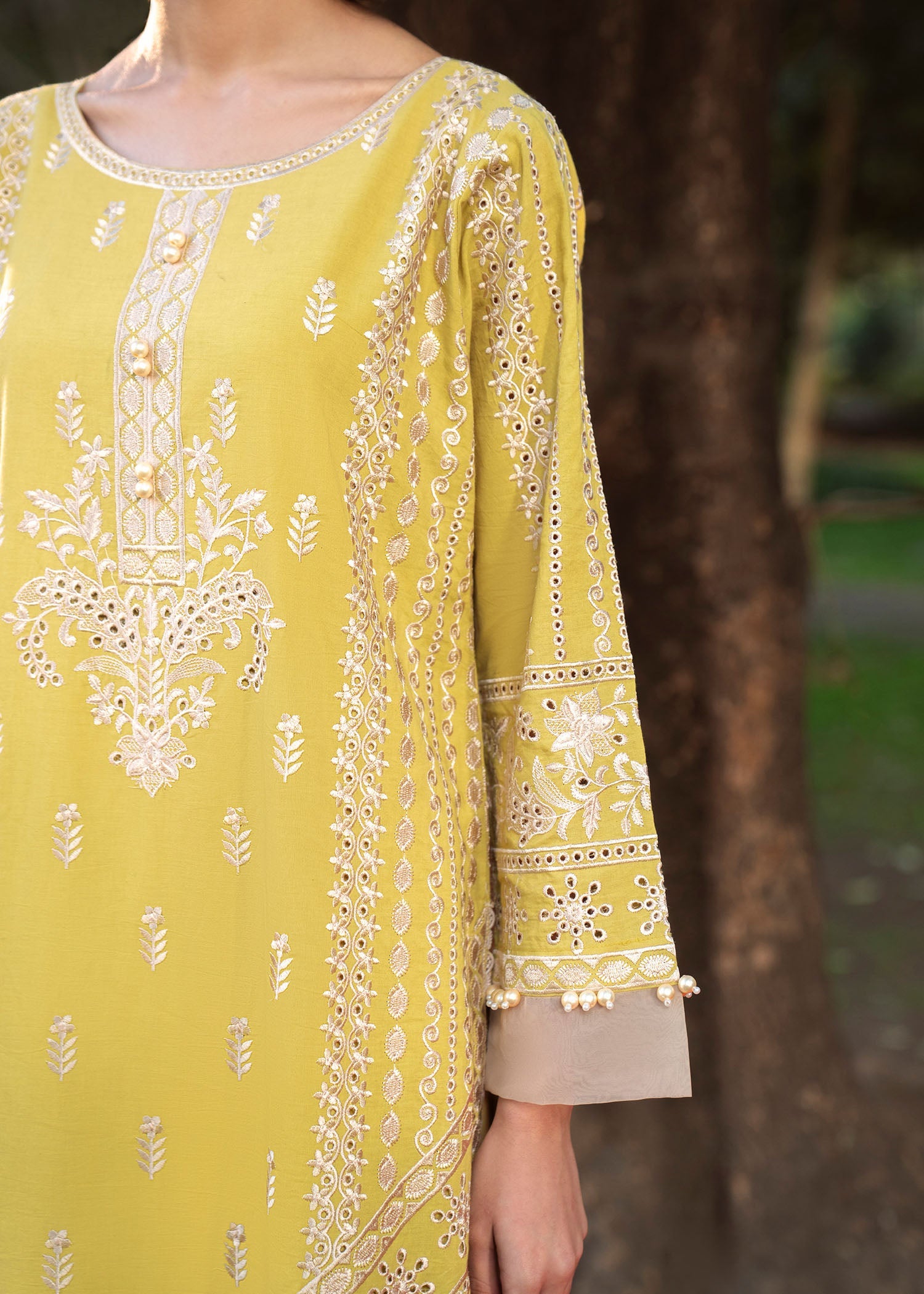 Pale Yellow Festive Lawn Suit with Ivory Embroidery Online in Sri Lanka India Australia