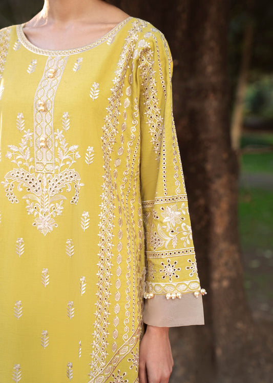 Pale Yellow Festive Lawn Suit with Ivory Embroidery Online in Sri Lanka India Australia