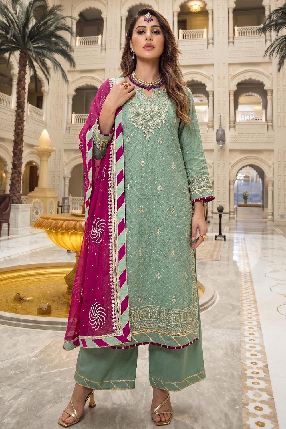 Parrot Green Embroidered Chiffon Pakistani Suit Online in Dubai UAE Abudhabi Ajman Sharjah