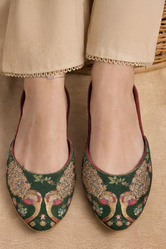 Parrot Green Velvet Embroidered Khussa Online in Dubai UAE Abudhabi Ajman Sharjah