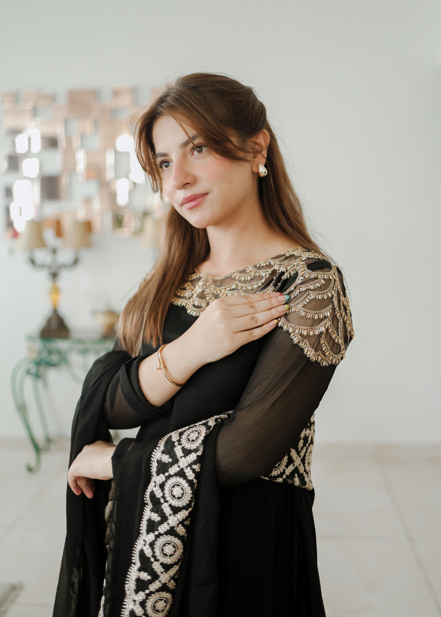Party Wear Black Stone Worked Maxi with Chiffon Dupatta Online in Dubai DXB UAE Abudhabi Meena Bazaar
