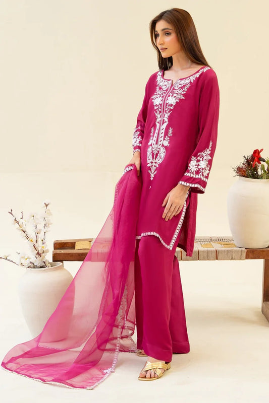 Magenta Pink Viscose Raw Silk Embroidered Kurta Set with Dupatta