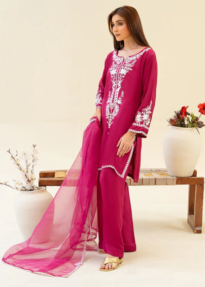 Magenta Pink Viscose Raw Silk Embroidered Kurta Set with Dupatta