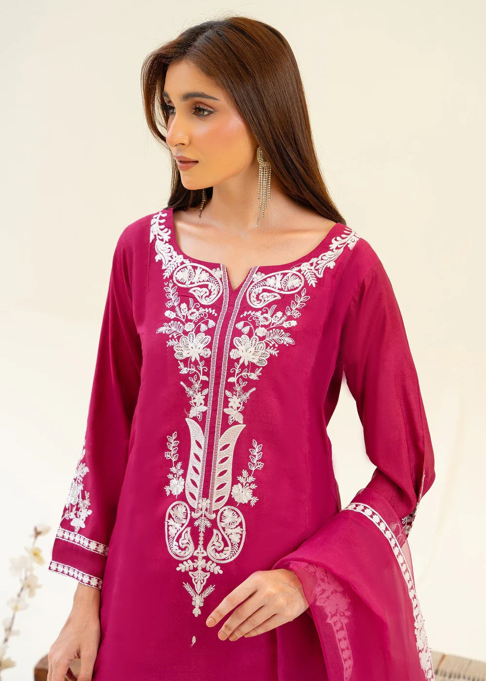 Magenta Pink Viscose Raw Silk Embroidered Kurta Set with Dupatta