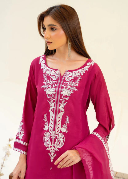 Magenta Pink Viscose Raw Silk Embroidered Kurta Set with Dupatta