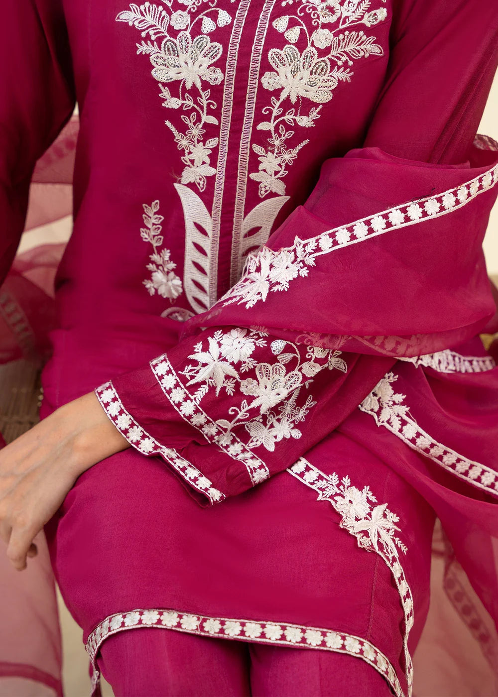 Magenta Pink Viscose Raw Silk Embroidered Kurta Set with Dupatta