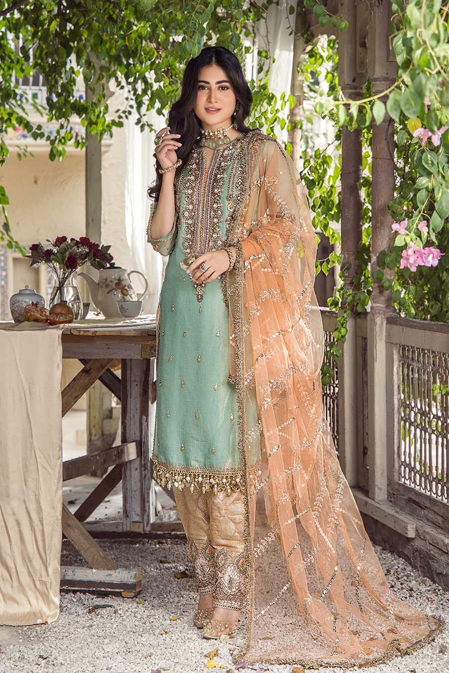 Pistachio Green Pure Georgette Readymade Sharara Suit Online FABANZA