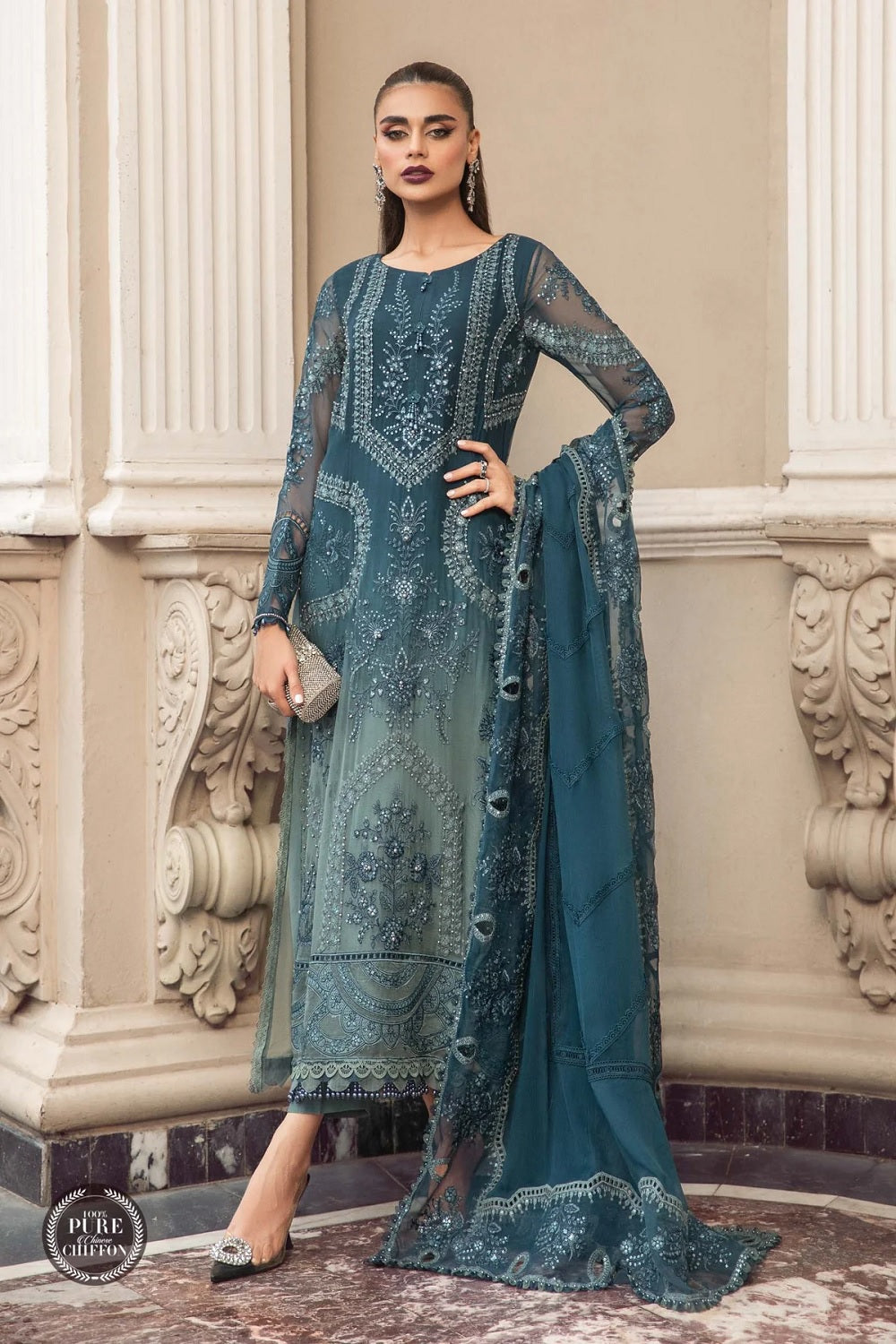 Teal Blue Chiffon Suit with Pearl Work