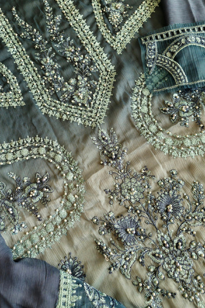 Teal Blue Chiffon Suit with Pearl Work